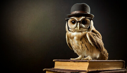 Closeup of a wise owl with eyeglasses and bowler hat, standing over old vintage books on a black and dark background with copy space. Generative Ai.