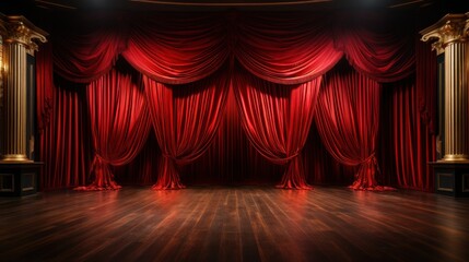 Red theater curtain with spotlights and wooden floor background - obrazy, fototapety, plakaty