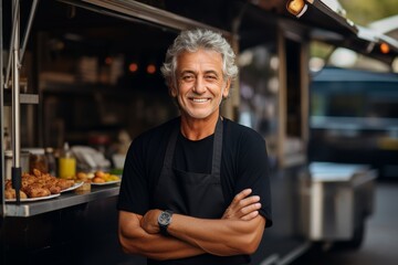 Middle aged male small business owner smiling by his food truck, exuding happiness and positivity - obrazy, fototapety, plakaty