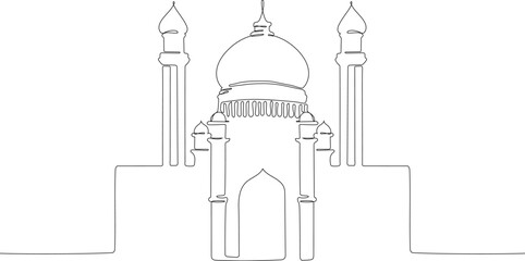 Obraz premium Mosque minimal continuous line. Arabic muslim masjid drawing.