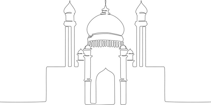 Mosque minimal continuous line. Arabic muslim masjid drawing.