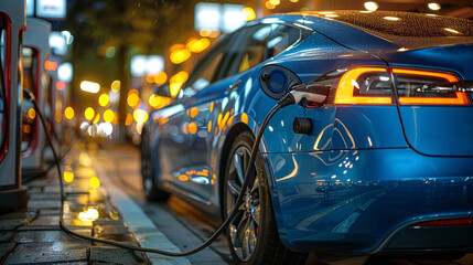 A blue electric car is charging at a station.