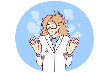 Woman mad scientist with tousled hair after failed experiment with chemical reagents. Research laboratory employee raises hands while standing in white coat with stains and smoke. Flat vector design