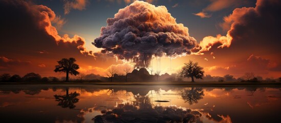 Colossal mushroom cloud rises over a reflective water surface, signaling powerful energy unleashed - obrazy, fototapety, plakaty