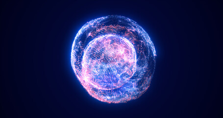 Abstract glowing looped light hi-tech energy blue round ball sphere atom clot of energy from lines and particles futuristic, abstract background