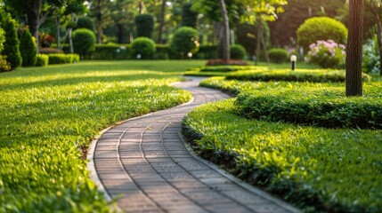 Obraz premium Decorative garden winding pathway walkway and a green lawn with ornamental bushes.