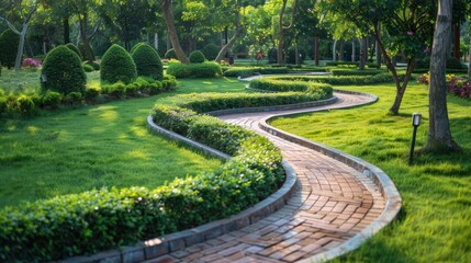 Decorative garden winding pathway walkway and a green lawn with ornamental bushes.