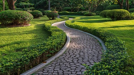 Fototapeta premium Decorative garden winding pathway walkway and a green lawn with ornamental bushes.