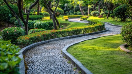 Obraz premium Decorative garden winding pathway walkway and a green lawn with ornamental bushes.