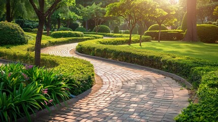Decorative garden winding pathway walkway and a green lawn with ornamental bushes.