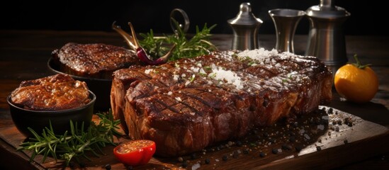 Grilled black angus beef tomahawk steak on bone served with salt, pepper and rosemary on round slate cutting board over dark wooden plank kitchen table - obrazy, fototapety, plakaty