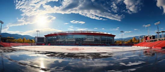 hockey stadium with fans crowd and an empty ice rink - obrazy, fototapety, plakaty