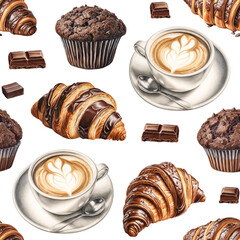 Seamless pattern design with Illustrations of croissants, coffee mug,  muffins and chocolate. Color pencil drawings. Pattern for product packaging, home textile, wrapping paper and stationery - 761505167