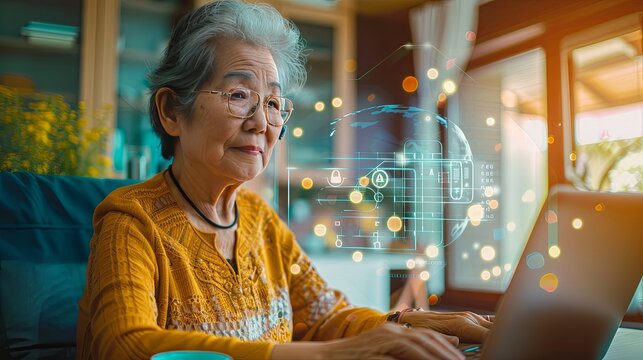 Elderly Woman Using Laptop with Futuristic Interface Senior woman with glasses engages with a holographic interface on her laptop in a bright home environment.