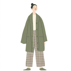 a flat illustration of woman wearing green oversized coat with checkered pants, white background,