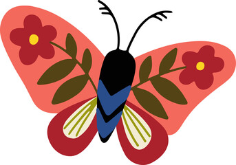 Hand drawn butterfly. Flower butterfly, moth wings and spring colorful flying insect, isolated vector flat illustration. Folk art style.