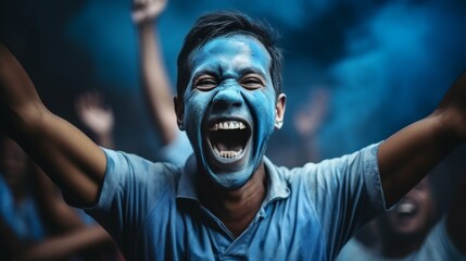 Enthusiastic fans in blue shirts cheering live match from stands in fan zone with fervor