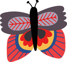 Hand drawn butterfly. Flower butterfly, moth wings and spring colorful flying insect, isolated vector flat illustration. Folk art style.