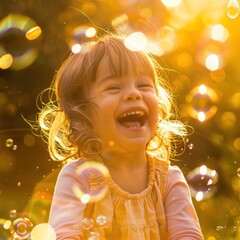 portrait of a young child laughing surrounded by bubbles