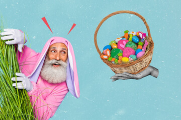 Collage 3d image of pinup pop retro sketch of funny old man pink rabbit costume eggs basket easter concept unusual fantasy billboard comics