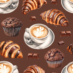 Seamless pattern design with Illustrations of croissants, coffee mug,  muffins and chocolate. Color pencil drawings. Perfect for product packaging, home textile, wrapping paper and stationery