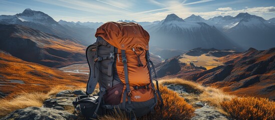 Mountain Climbing Gear with a Breathtaking Mountain Backdrop
