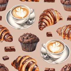 Seamless pattern design with Illustrations of croissants, coffee mug,  muffins and chocolate. Color pencil drawings. Perfect for product packaging, home textile, wrapping paper and stationery