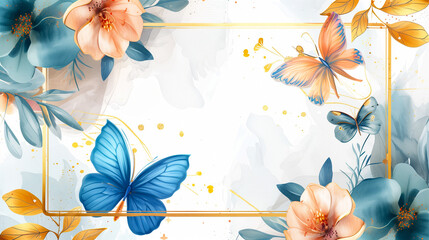 Soft lighting on delicate white flowers with azure butterflies, touches of gold dust.