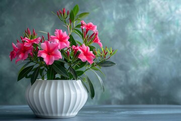 Blooming pink Nerium oleander flower in white pot on gray wall. Minimalism in flowers.