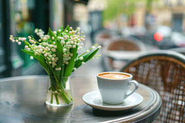 Bunch of lily of the valley and cup of coffee on a table of French street cafe. French tradition to offer lily of the valley on the 1st of May which is a public holiday in France - obrazy, fototapety, plakaty