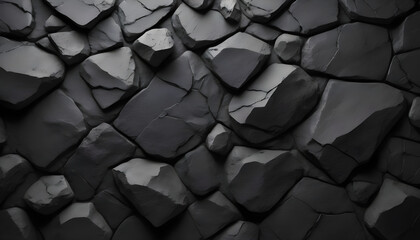 Volumetric rock texture with cracks. Black stone background with copy space for design.