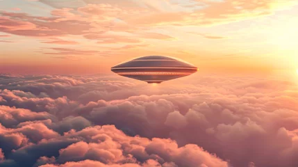 Schilderijen op glas Artistic rendering of a sleek UFO gliding in a sky painted in shades of rose and peach, symbolizing solitude and the vastness of the universe © Fxquadro