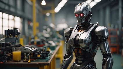 A robot with red eyes works in the workshop. This heralds a new era where advanced robots could potentially replace complex human jobs. The future is evolving thanks to advanced technologies. Robotics