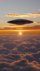 Naklejka na ściany i meble A mesmerizing image showing a UFO above a sea of clouds with the sun setting in the background