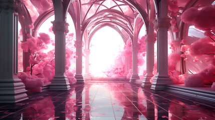 beautiful secret fairytale garden with flower arches, The romantic tunnel of pink flower tree, door...