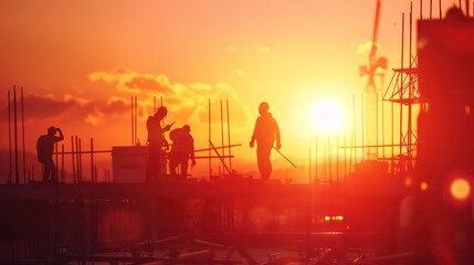 Fototapeta premium Silhouette of an engineer and construction crew working team discussing blueprints at sunrise. 