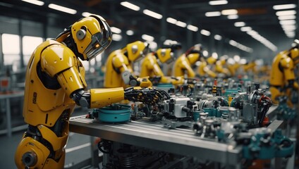 At factory, symphony of automation unfolds. Humanoid robots take center stage, choreographing intricate tasks robotic arms and machines. Mesmerizing dance of technology, revolutionizing production