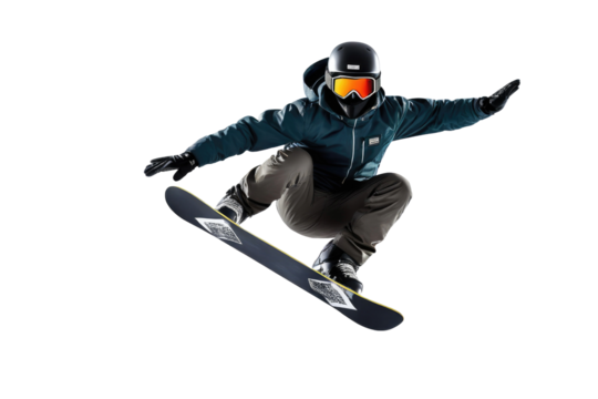 Snowboarder mid-air, full body visible, in dynamic jumping pose, stark contrast against an isolated white background, high-quality stock photography, dynamic lighting highlights muscle definition