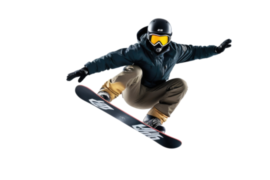 Snowboarder mid-air, full body visible, in dynamic jumping pose, stark contrast against an isolated white background, high-quality stock photography, dynamic lighting highlights muscle definition