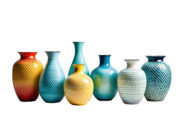 Multi-color vases, full body, isolated on white background, material textures clearly visible, showcasing diversity of shapes and designs, high-quality stock photo, rich color saturation, sharp focus