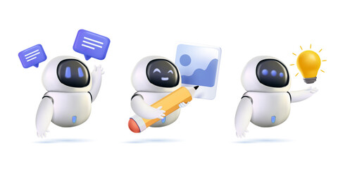Chatbot 3D set. Online communication with artificial intelligence chat bot. Virtual dialog with ai assistant. Robot or android with artificial neuron network. Modern technology. 3D vector illustration