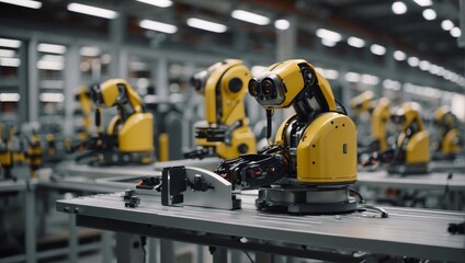 In factory's bustling environment, robotic ensemble orchestrates production line. Robotic manipulators perform intricate operations. Technology, innovation, driving efficiency in industrial processes
