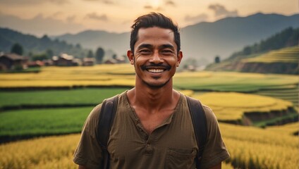 In rice fields of Bangladesh, farmer smiles. His face weathered by  sun. Portrait embodies...