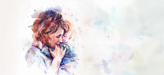 Mother's Day celebration concept, Abstract colorful art watercolor painting depicts, Family holiday and togetherness, mother and child hugging, I love you Mom