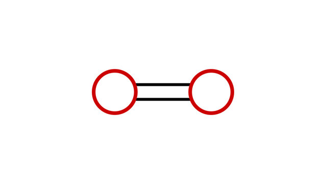 oxygen molecule, structural chemical formula, ball-and-stick model, isolated image dioxygen