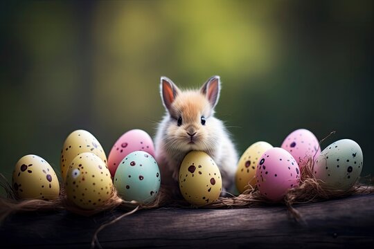 Cute creative photo with easter eggs, some eggs as the Easter Bunny - generative ai