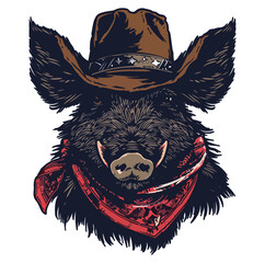 Wild boar Head wearing wearing cowboy hat and bandana around neck