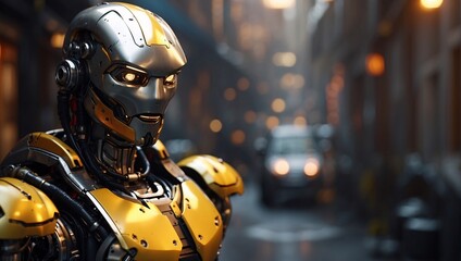 Yellow cyborg robot stands amidst cityscape of Chinatown street, its metallic sheen contrasting with surroundings. It remains enigmatic figure, fusion of human and machine. Symbolizing new urban life - obrazy, fototapety, plakaty
