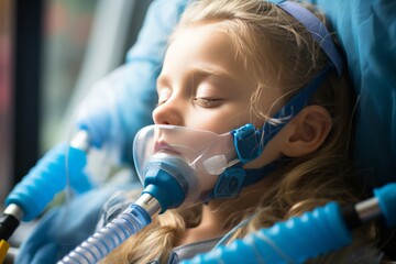 Young girl resting in hospital bed with oxygen mask, recovering from illness in ward setting