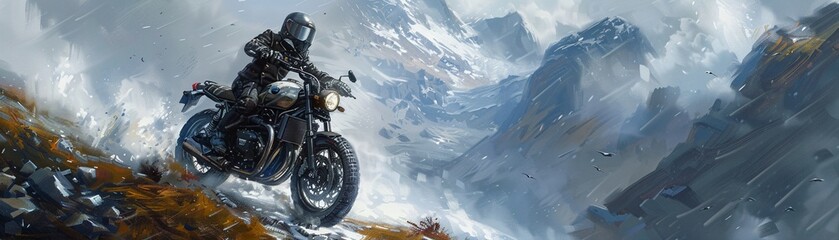Motorcycle, Leather Jacket, Adventure Bike, Winding through Mountain Range Pass, Fog rolling in, Realistic Painting, Backlights - obrazy, fototapety, plakaty